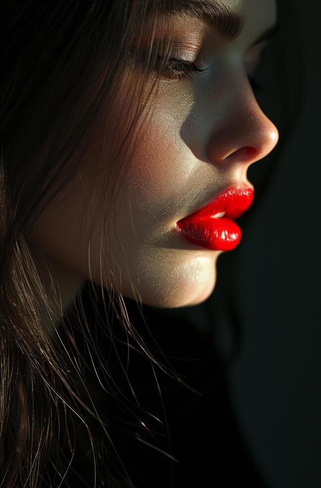 ai généré une femme avec longue cheveux et rouge lèvres photo