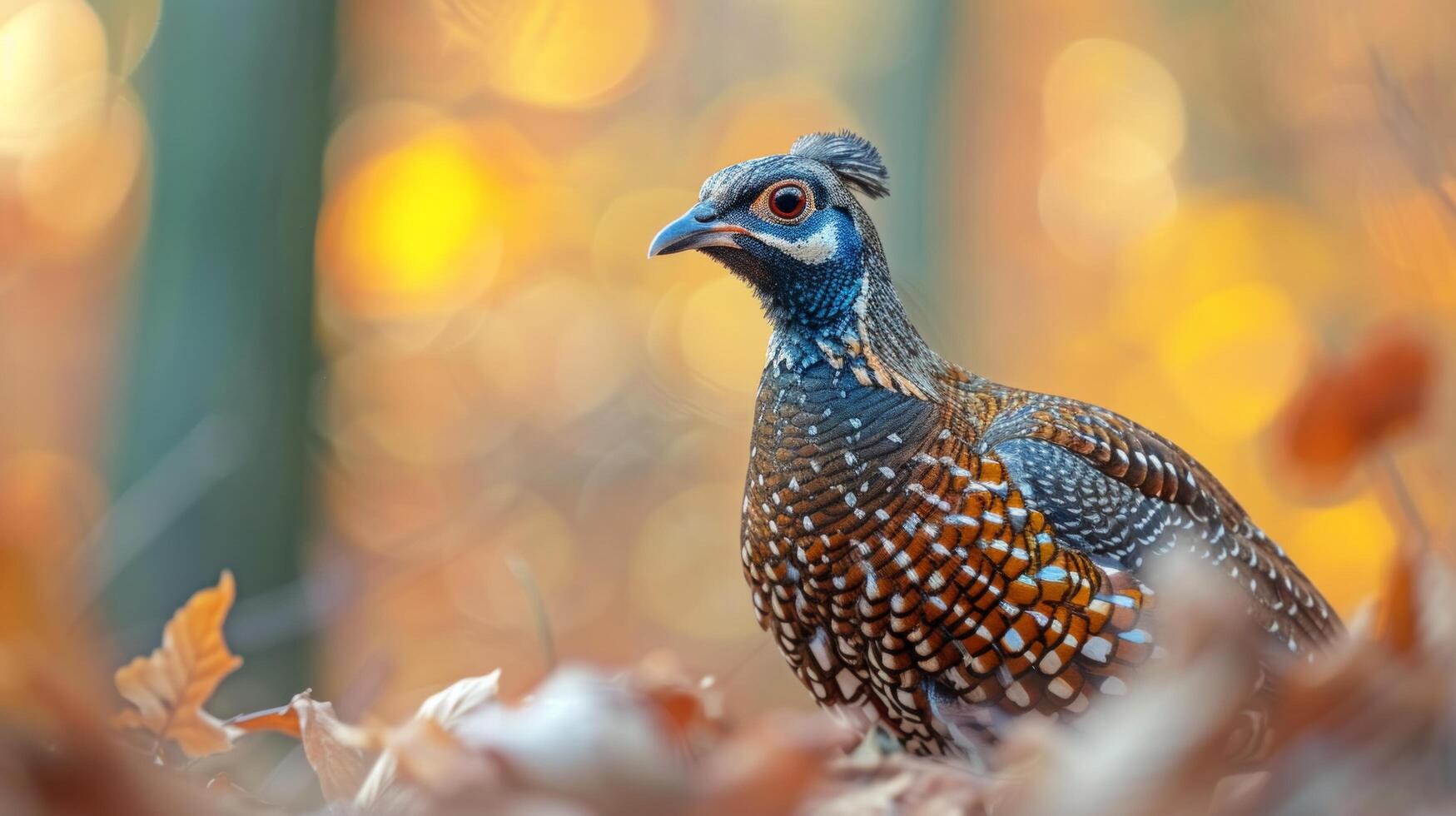 ai généré automnal éclat. majestueux faisan parmi déchue feuilles photo