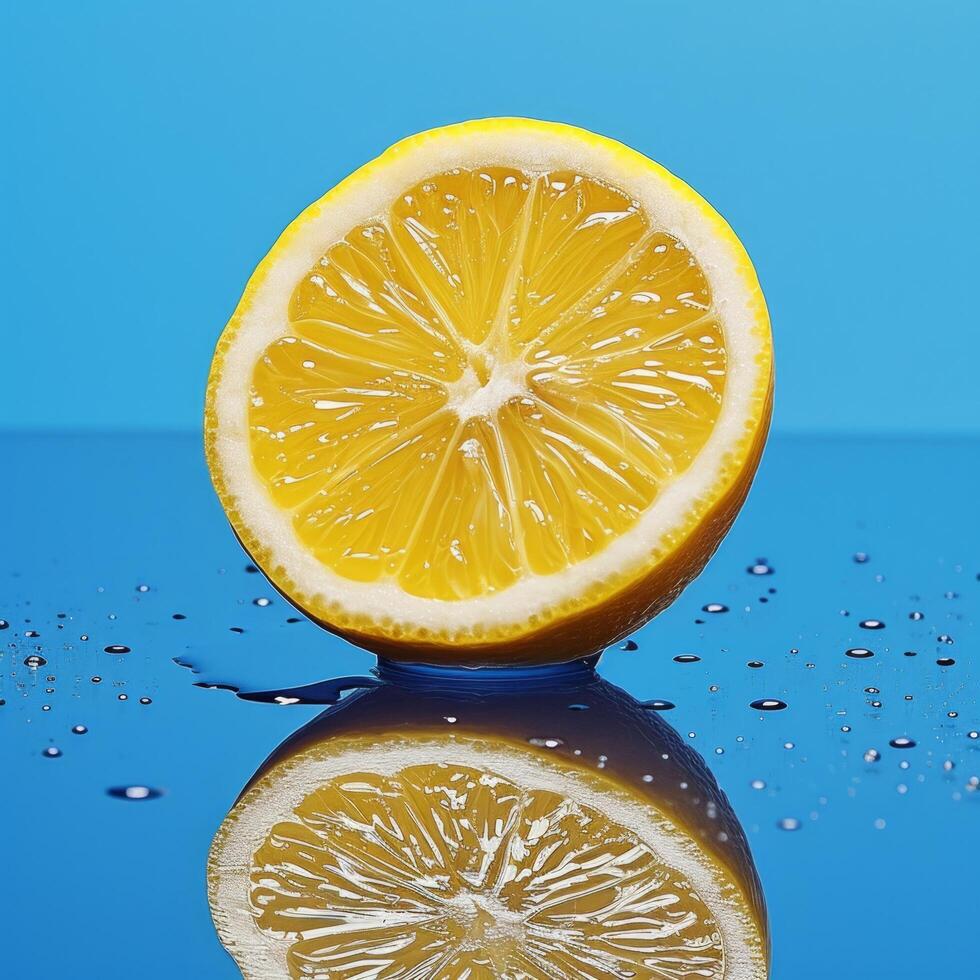 ai généré une moitié biologique citron photographié sur une bleu Contexte photo