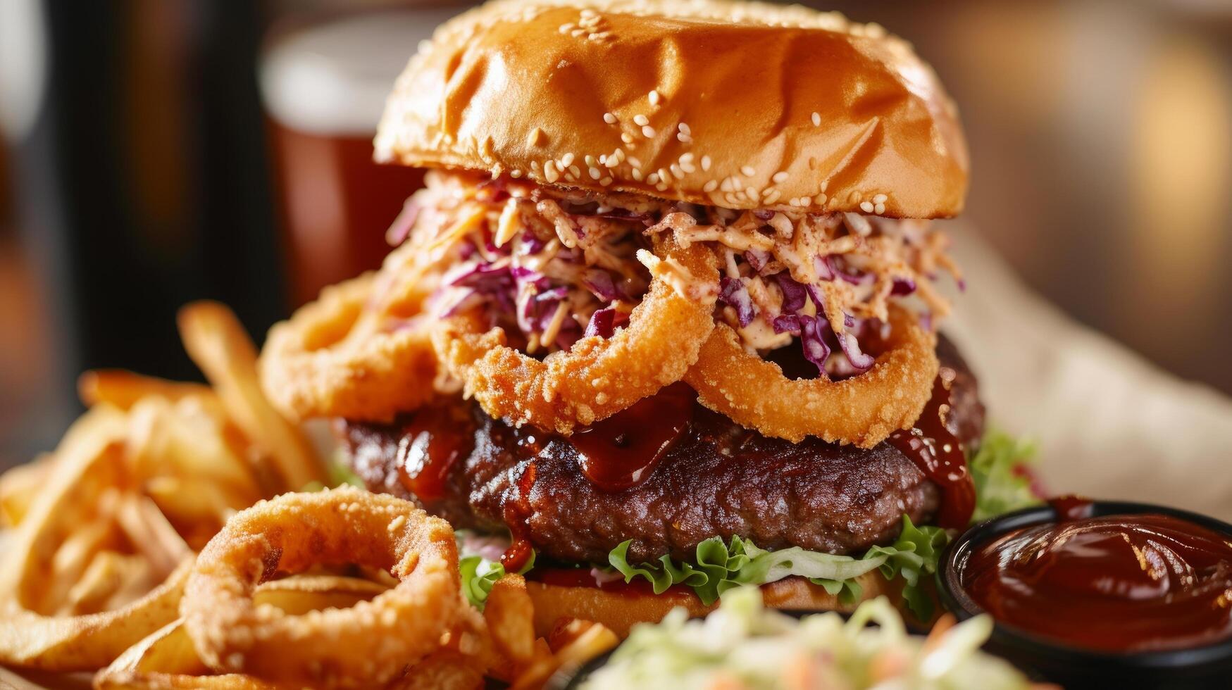 ai généré une barbecue Burger surmonté avec oignon anneaux et une acidulé Salade De Chou, servi avec une côté de croustillant frites photo