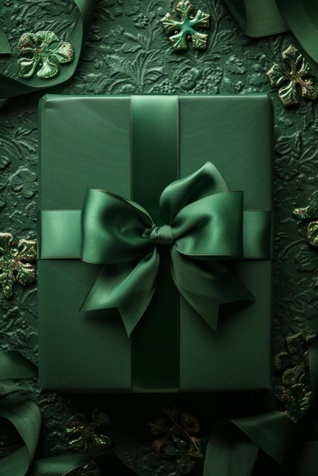 ai généré vert luxe cadeau boîte avec une brillant arc sur une trèfle Contexte grand fond zone photo