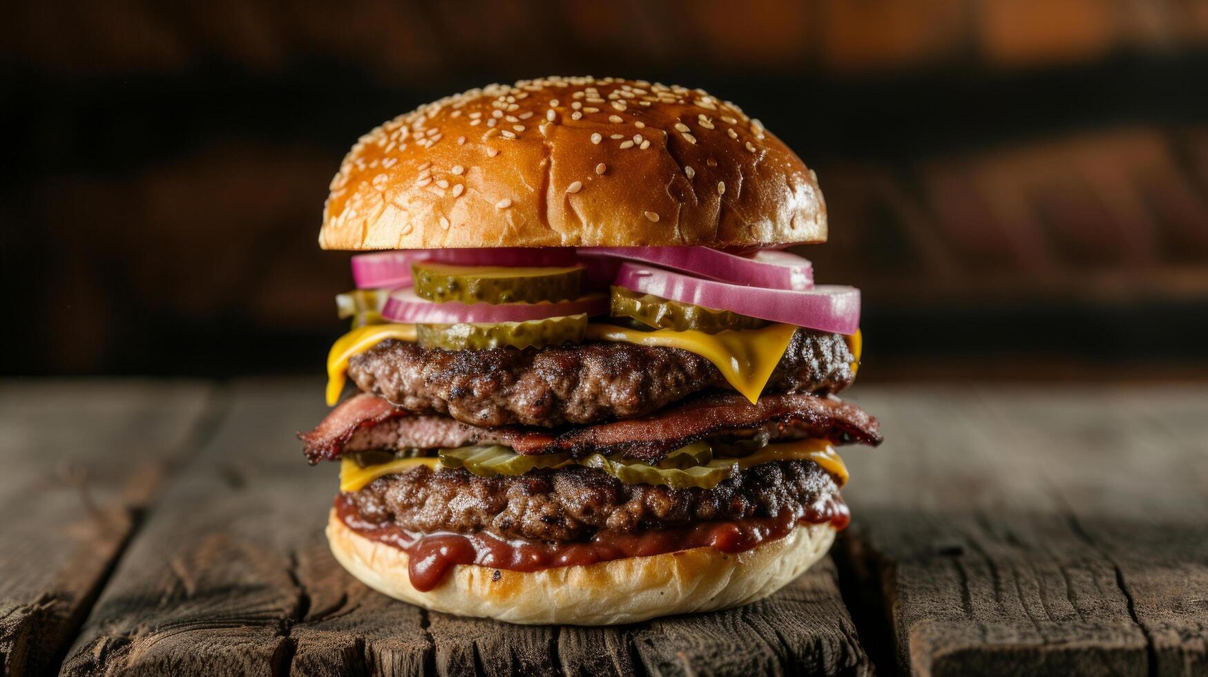 ai généré une copieux autobus à impériale Burger avec deux juteux galettes, cornichons, oignons, et une spécial sauce photo