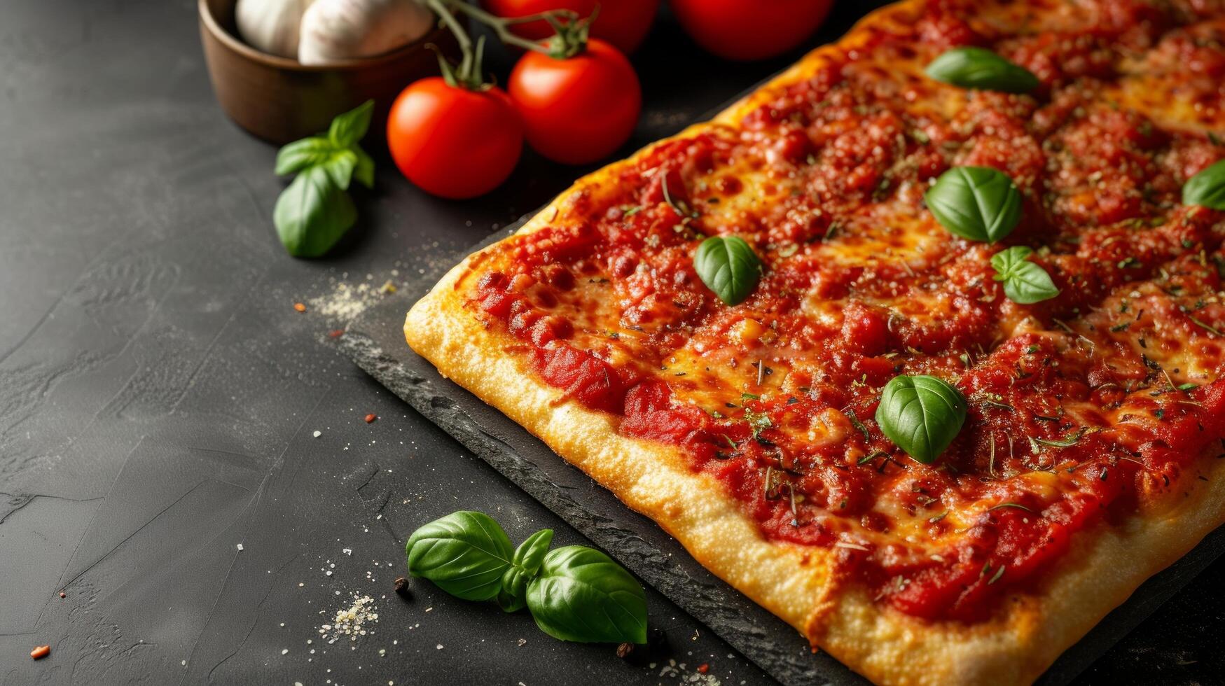 ai généré une rectangulaire sicilien Pizza avec une épais, brun doré croûte et tomate sauce photo