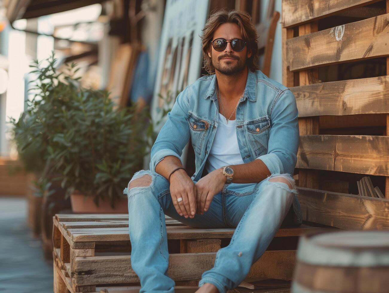 ai généré une homme dans bleu jeans avec des lunettes de soleil séance sur une en bois mur photo