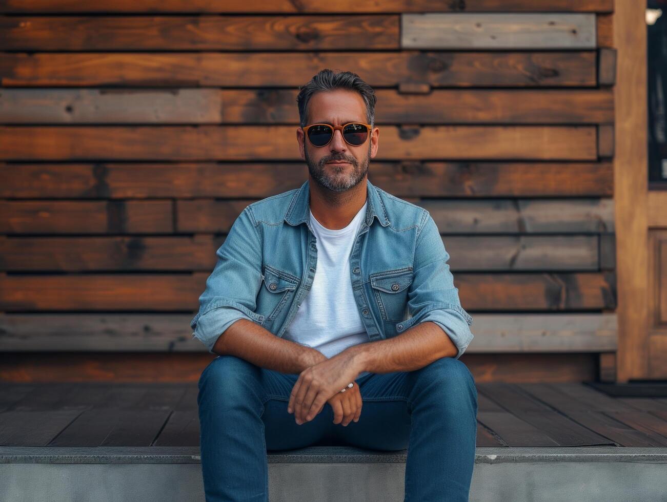 ai généré une homme dans bleu jeans avec des lunettes de soleil séance sur une en bois mur photo