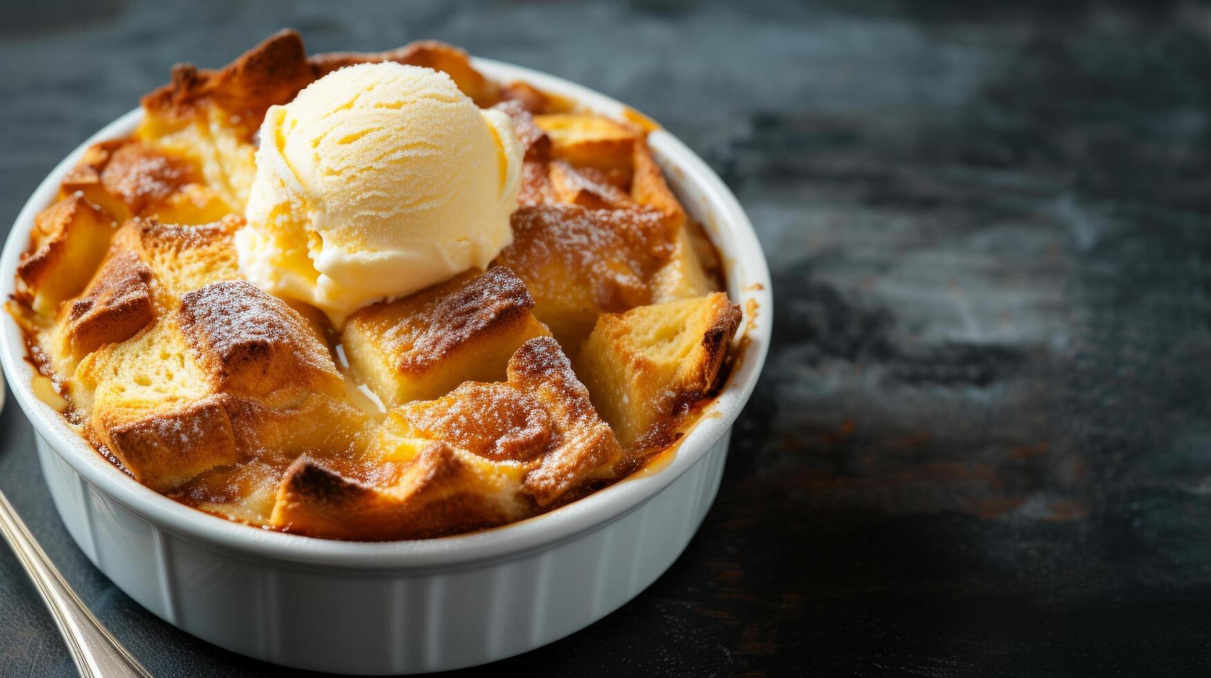 ai généré une chaud pain pudding avec une d'or croûte, servi avec une scoop de vanille la glace crème photo