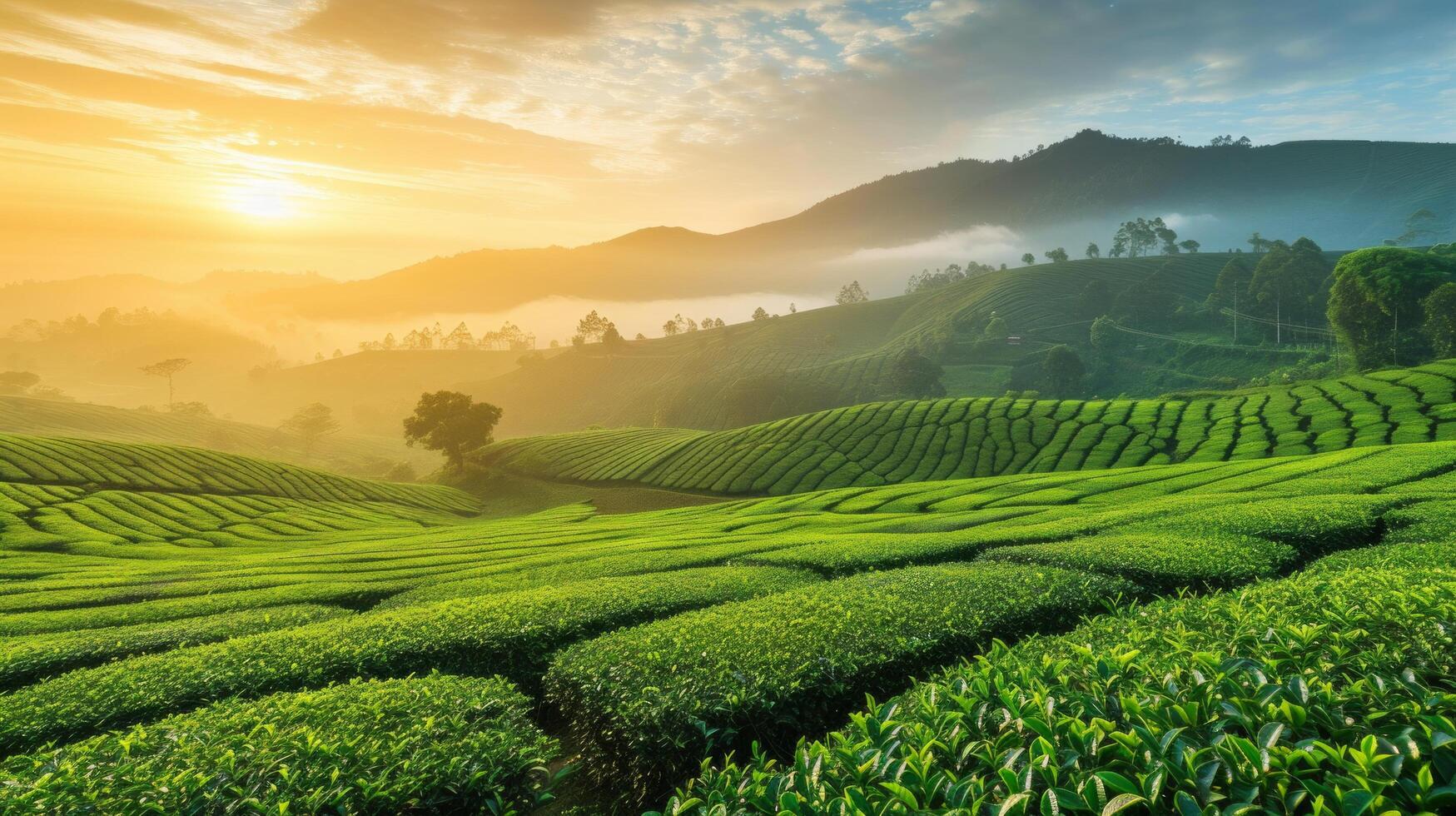 ai généré une thé plantation à lever du soleil, avec soigné Lignes de thé des buissons élongation à le horizon photo