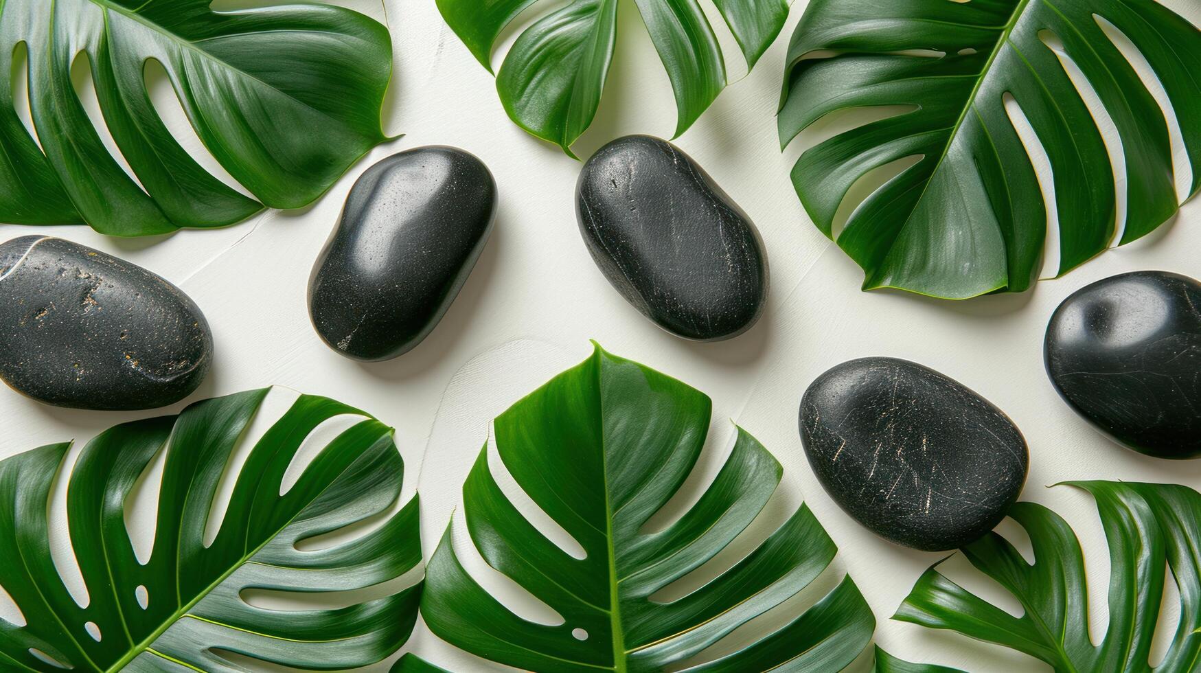 ai généré massage feuilles et noir des pierres sur une blanc Contexte photo