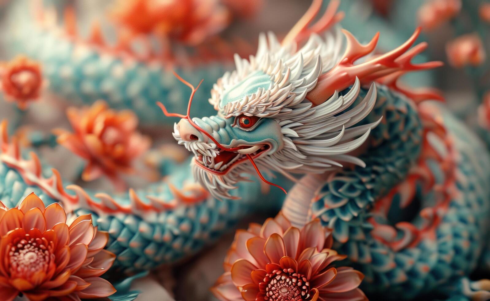 ai généré une coloré dragon avec rouge fleurs dans de face de il photo