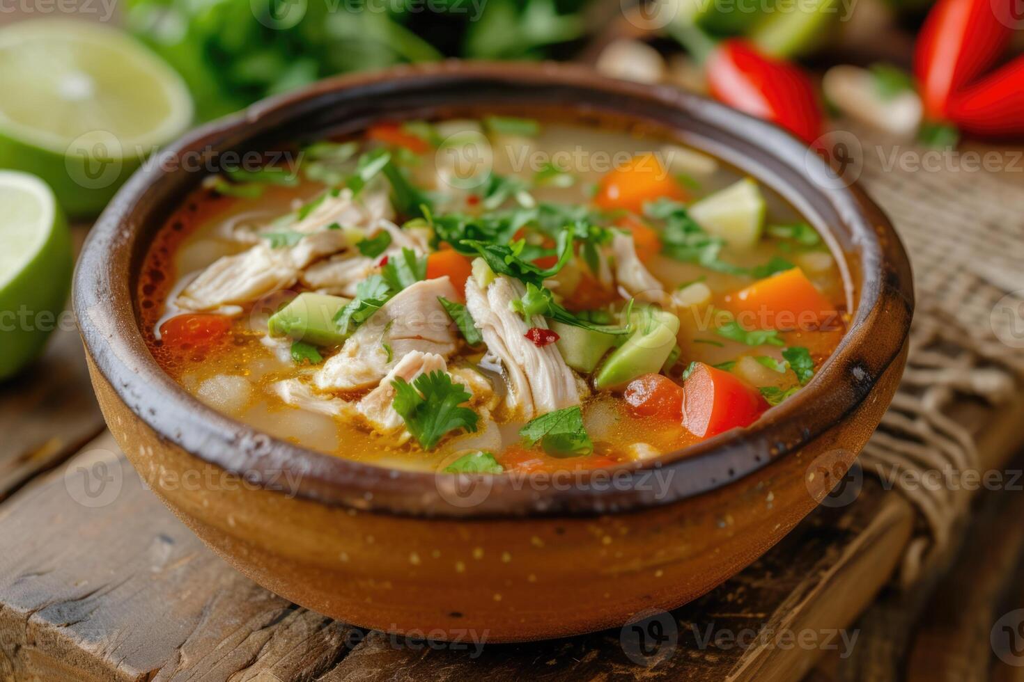 ai généré soupe de Lima avec coriandre et chaux, poulet, et des légumes dans une rustique bol photo