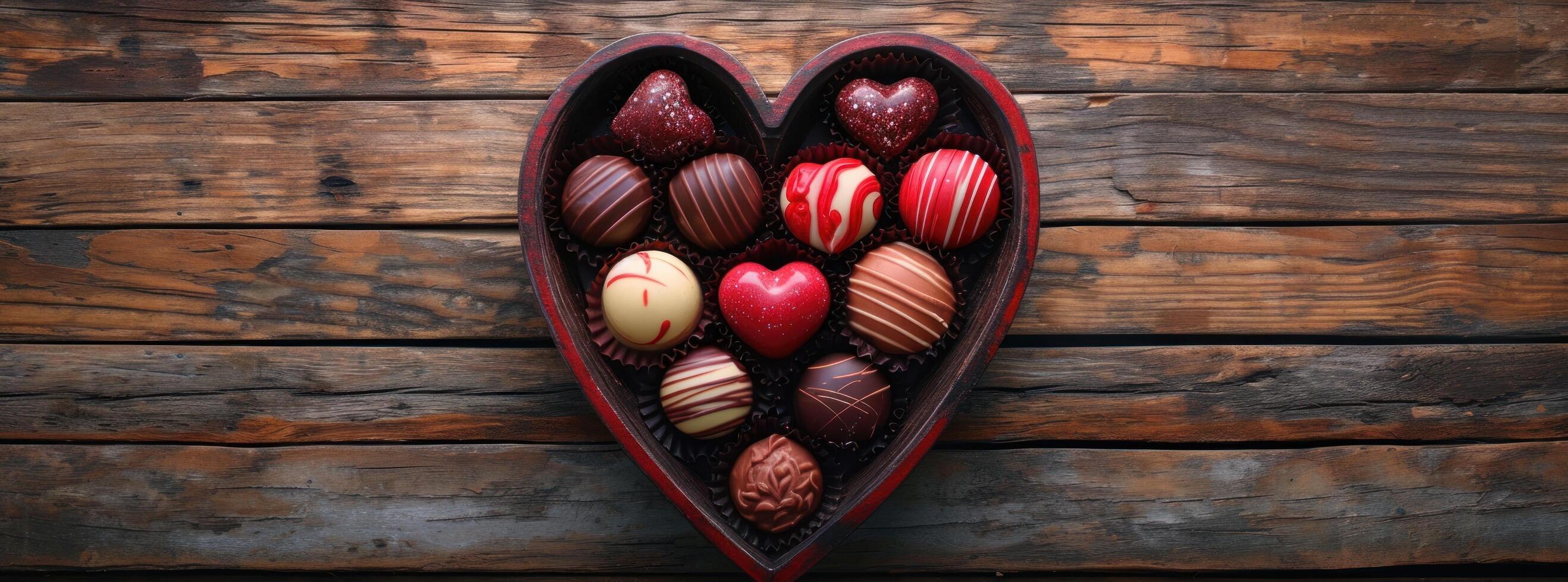 ai généré le cœur en forme de boîte de des chocolats sur le en bois table photo