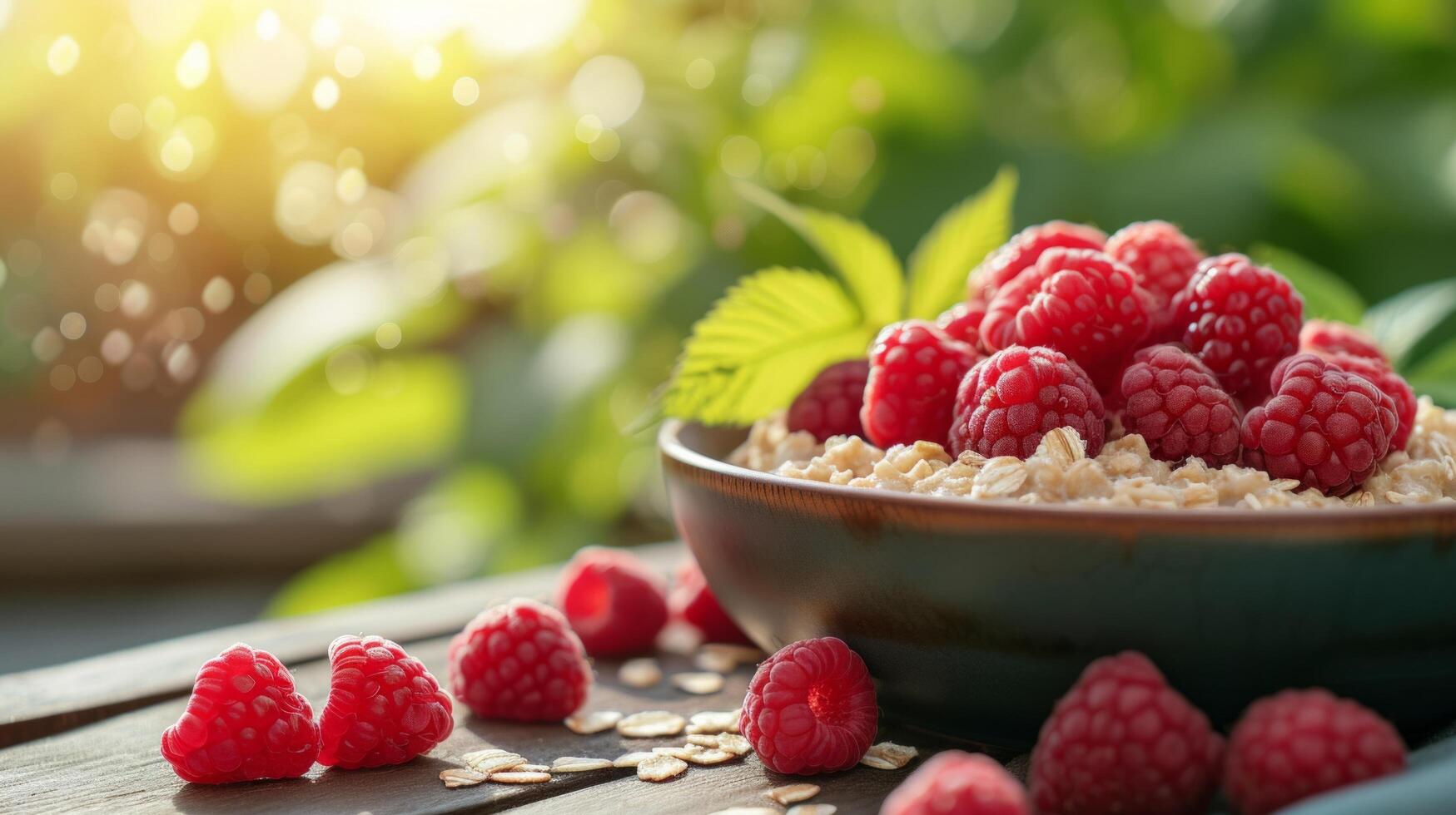 ai généré Frais framboises dans une bol avec L'avoine photo