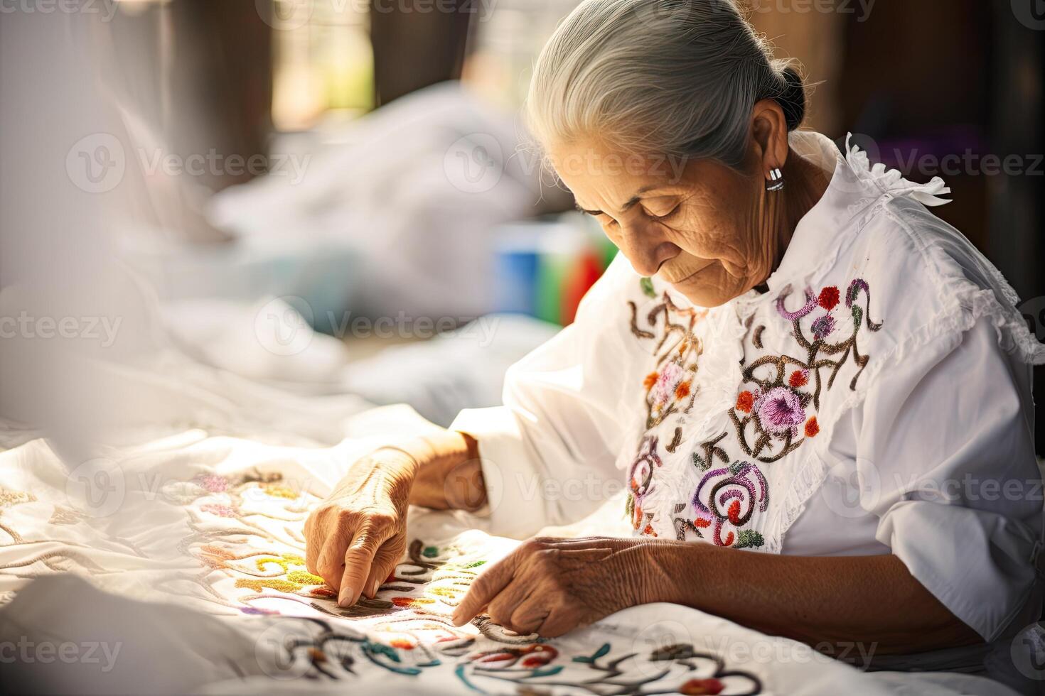 ai généré Sénior mexicain femmes dans blanc vêtements faire mexicain broderie photo