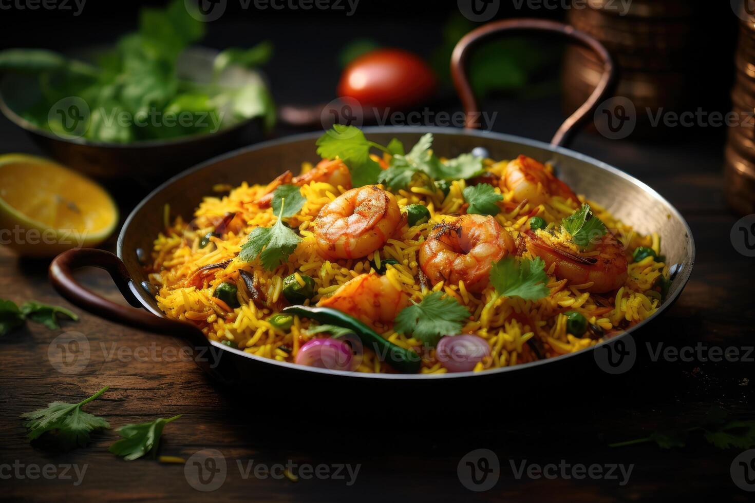 ai généré biryani dans la poêle sur foncé en bois Contexte Frais crevettes photo