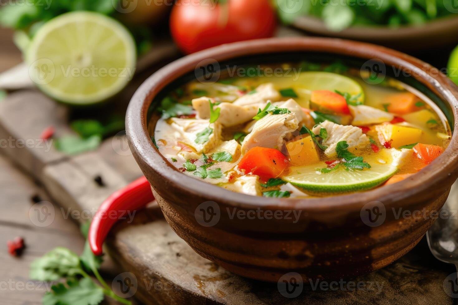 ai généré soupe de Lima avec coriandre et chaux, poulet, et des légumes dans une rustique bol photo