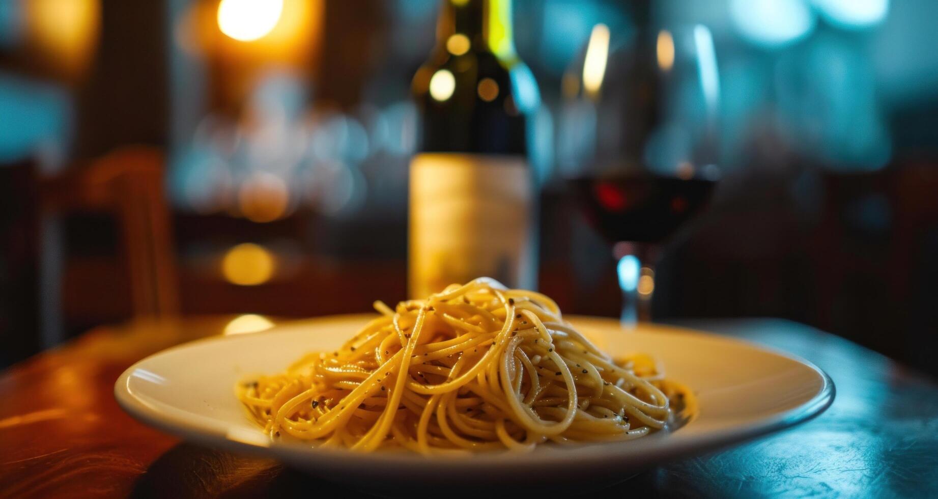 ai généré certains spaghetti sur une assiette sur une foncé Contexte photo