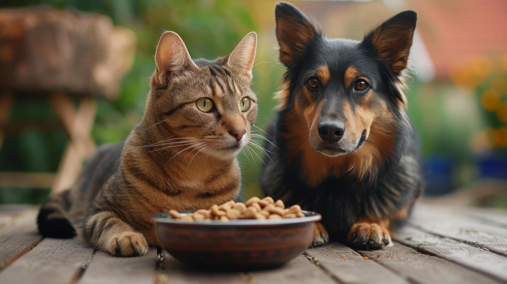 ai généré une magnifique chat et une chien sont séance près une bol de nourriture sur une en bois terrasse photo