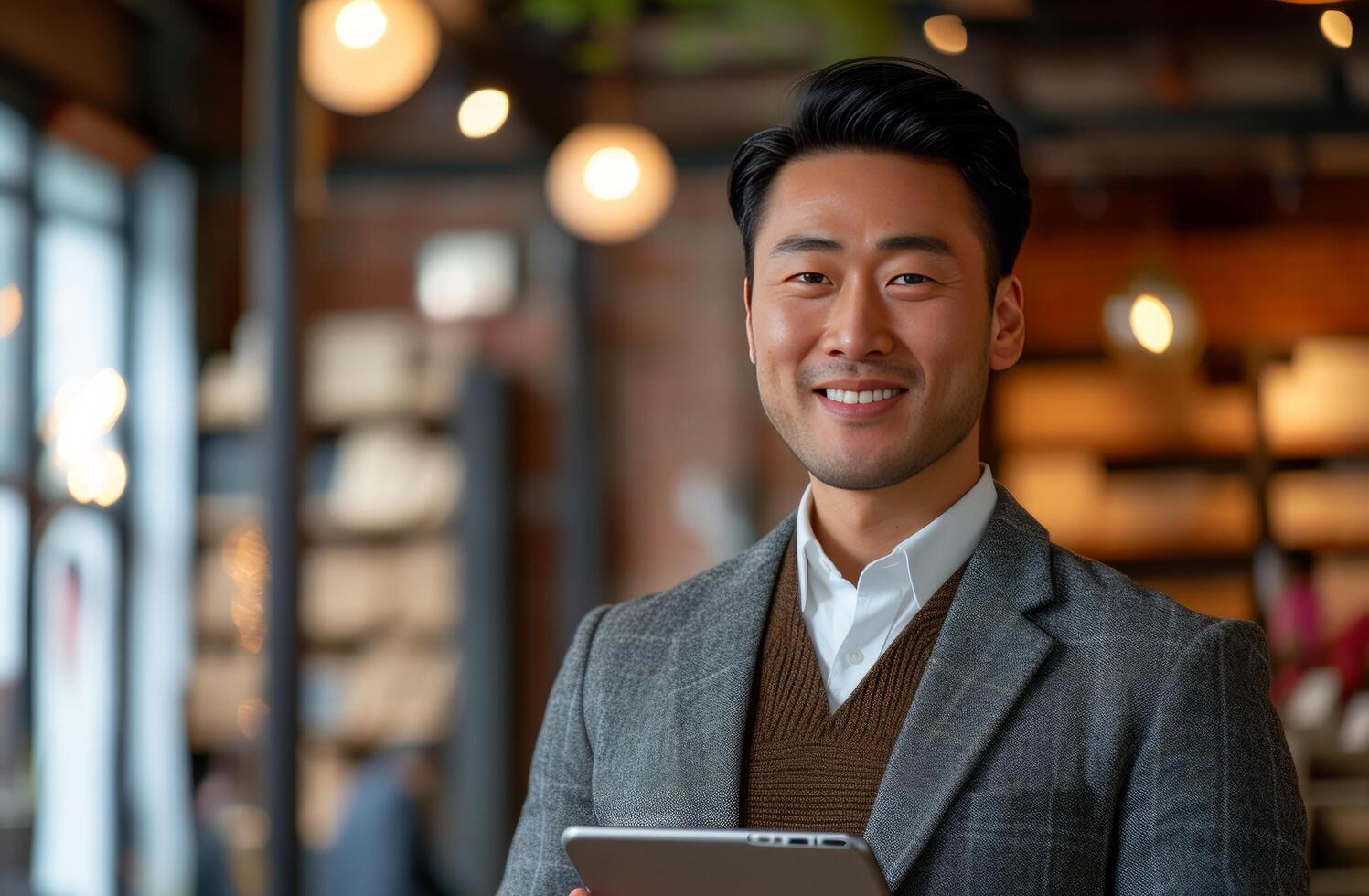 ai généré petit souriant moderne homme d'affaire en utilisant tablette PC dans Bureau photo