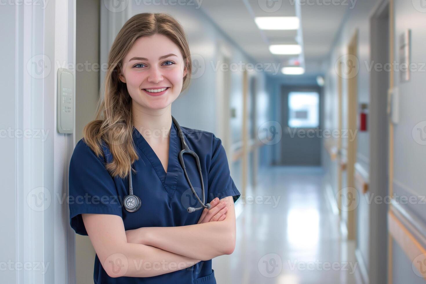 ai généré souriant infirmière dans gommages permanent dans hôpital couloir photo