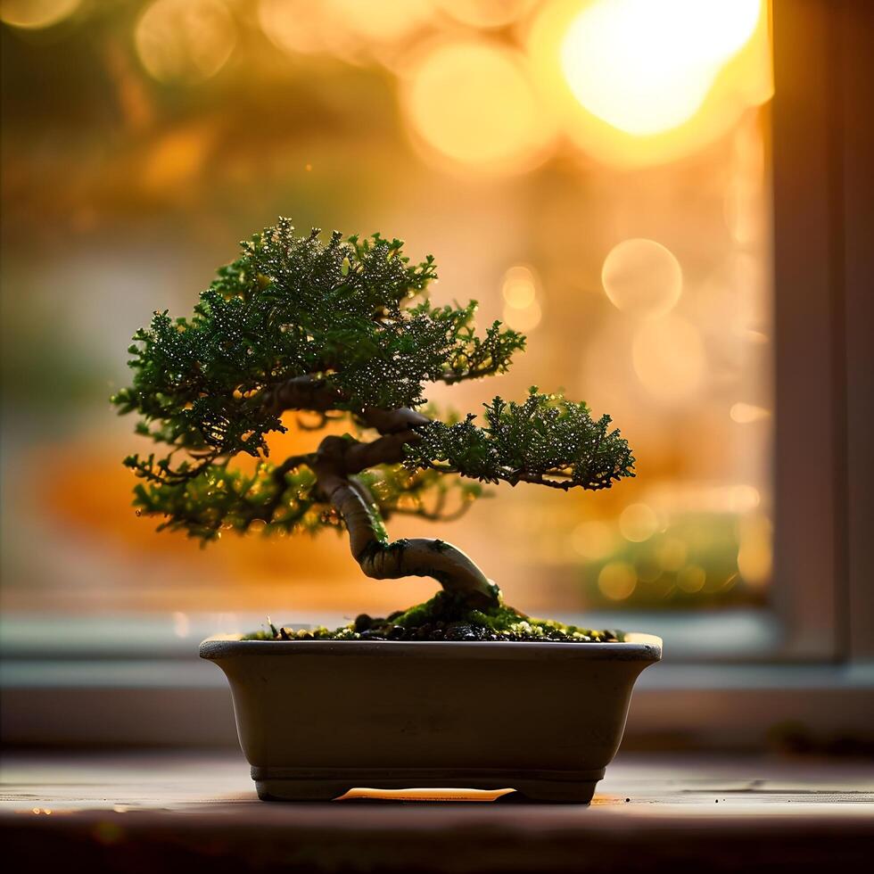 ai généré bonsaï arbre dans une minimaliste plante d'appartement pot photo