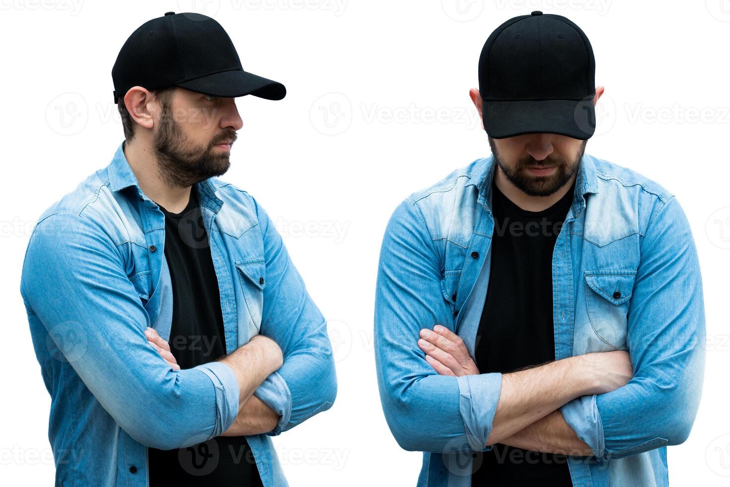 décontractée habillé homme avec plaine noir casquette. espace à mettre marque ou logos sur vêtements. moquer en haut modèle pour une casquette conception imprimer. photo