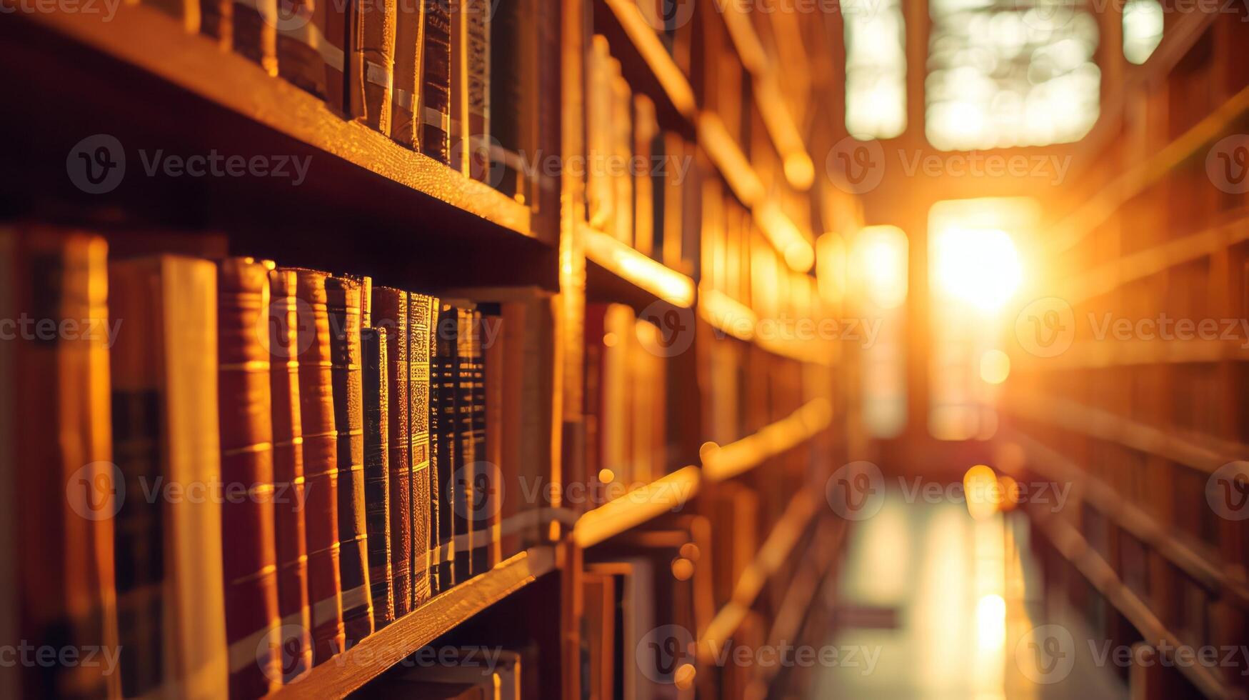 ai généré bibliothèque à le coucher du soleil étagères rempli avec livres sur à vie apprentissage photo