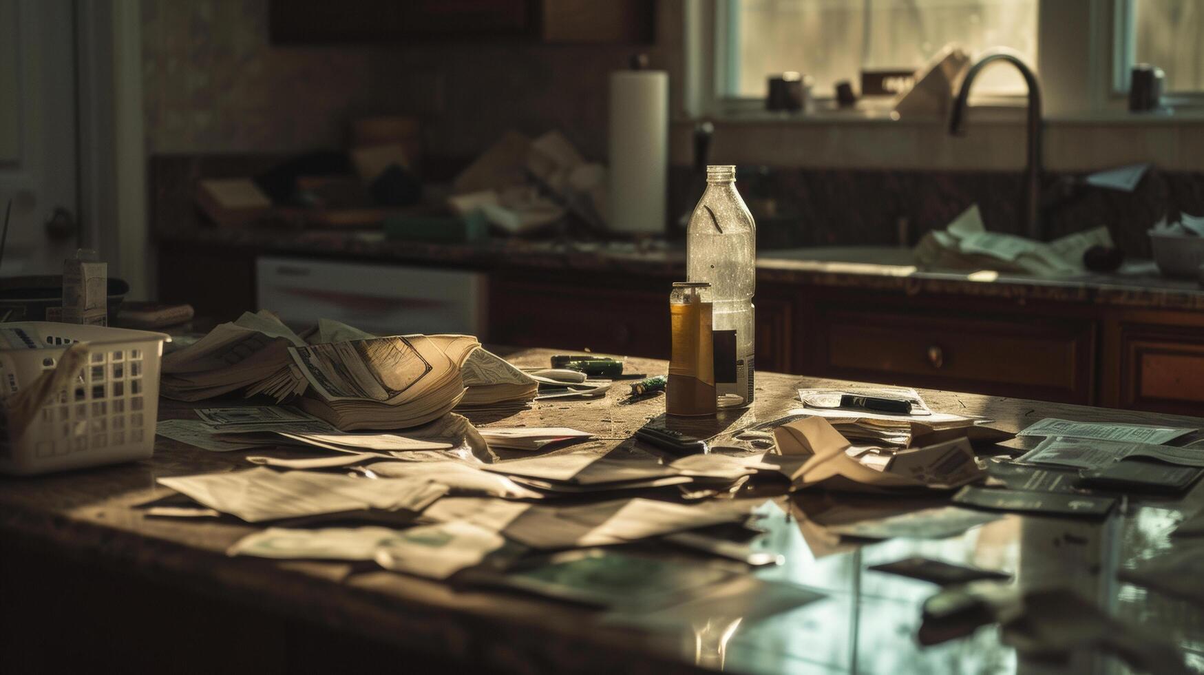 ai généré vieux cuisine table avec non payé factures Reçus et vide portefeuilles argent problème photo