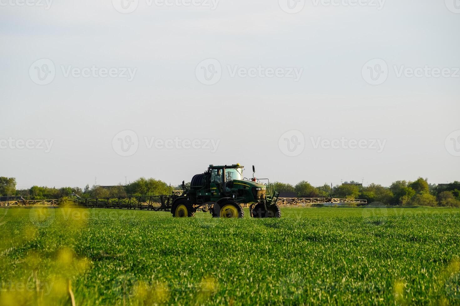 tracteur avec le Aidez-moi de une pulvérisateur Vaporisateurs liquide les engrais sur Jeune blé dans le champ. photo