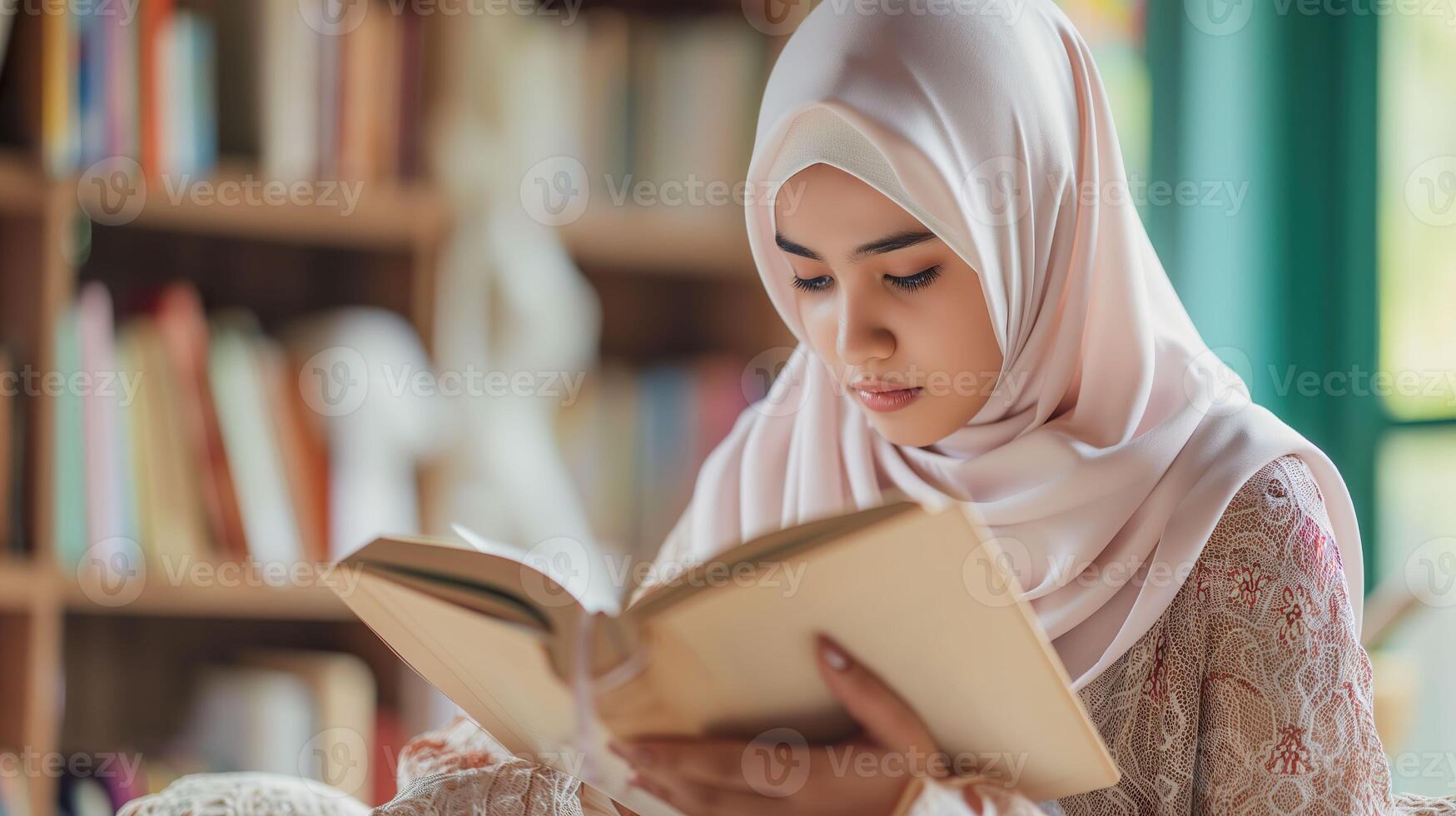 ai généré islamique femme en étudiant, concentré éducation et concentration photo