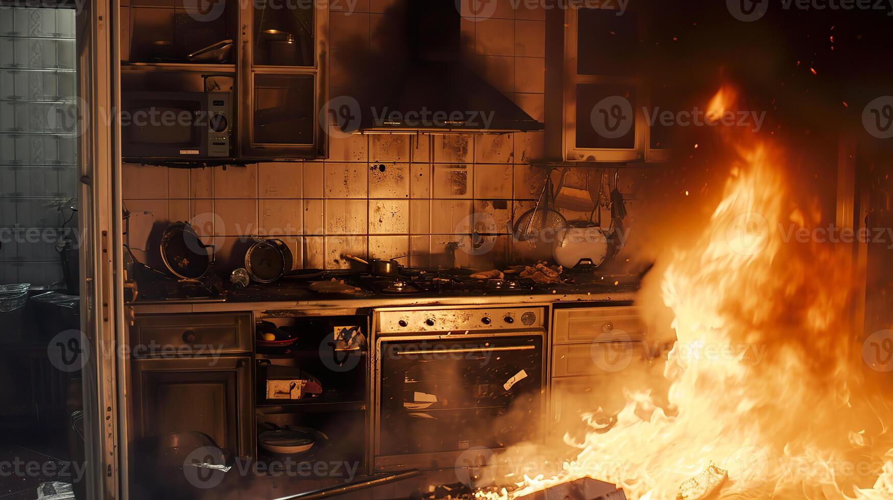 ai généré échapper le brûlant cuisine, intense maison Feu catastrophe photo