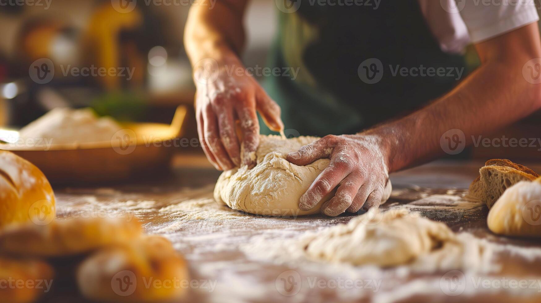 ai généré proche en haut de Masculin boulanger pétrissage pain pâte sur cuisine table photo