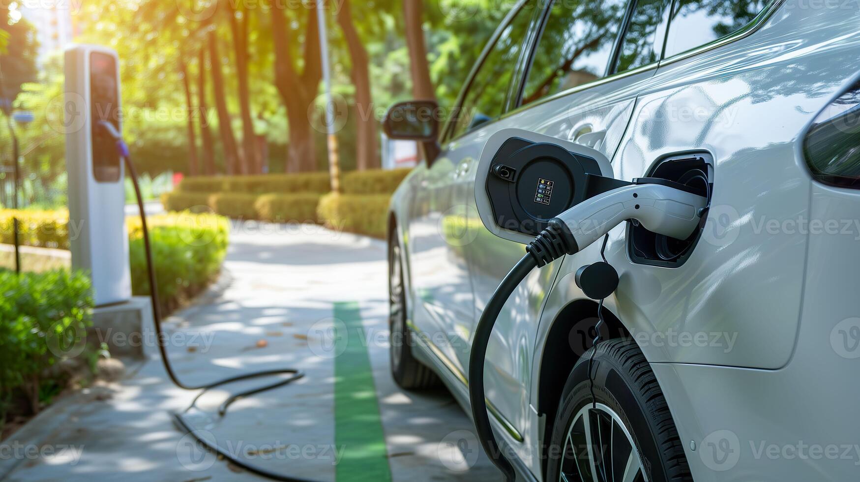 ai généré mise en charge le avenir, électrique voiture batterie à une vert énergie ev chargeur station photo