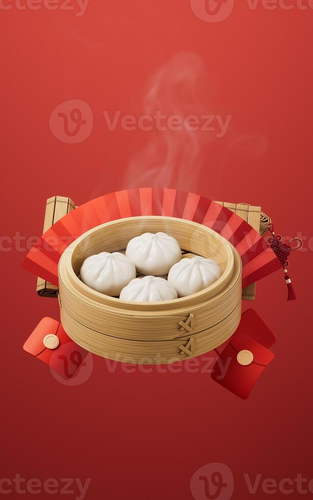 chinois nourriture baozi dans nourriture bateau à vapeur, 3d le rendu. photo