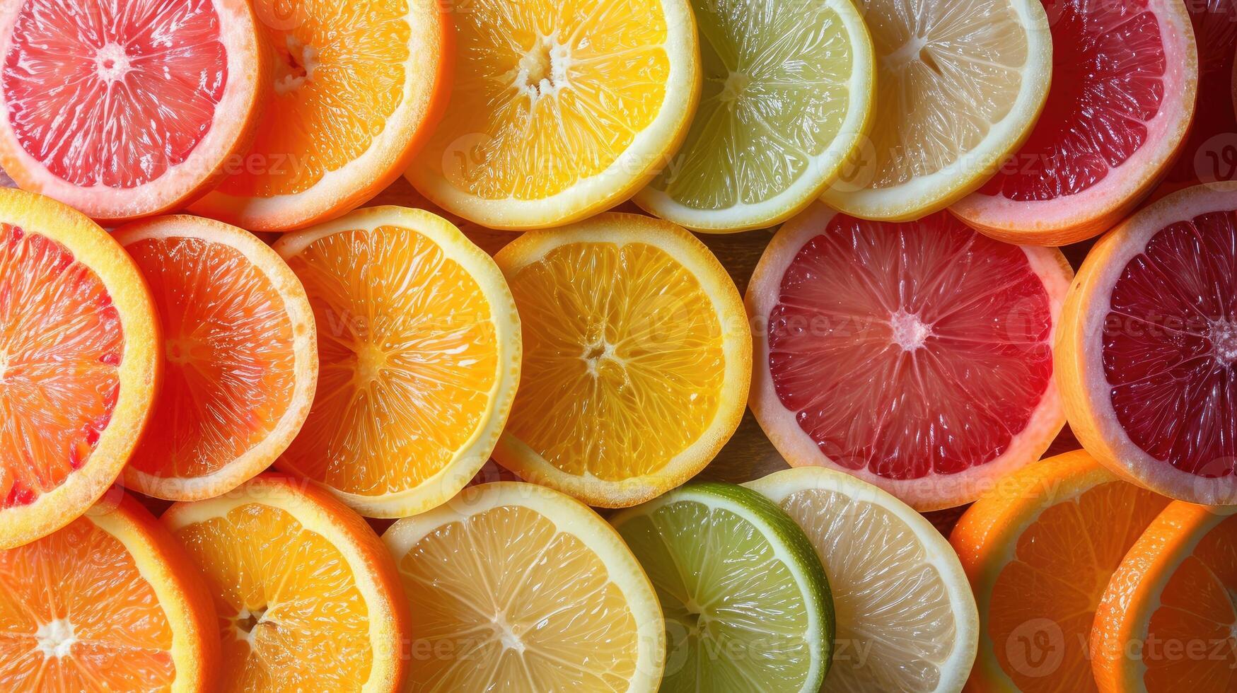 ai généré un élégant Contexte avec tranches de divers agrumes des fruits comme des oranges, citrons, et citrons verts arrangé artistiquement pour une fraîcheur. photo