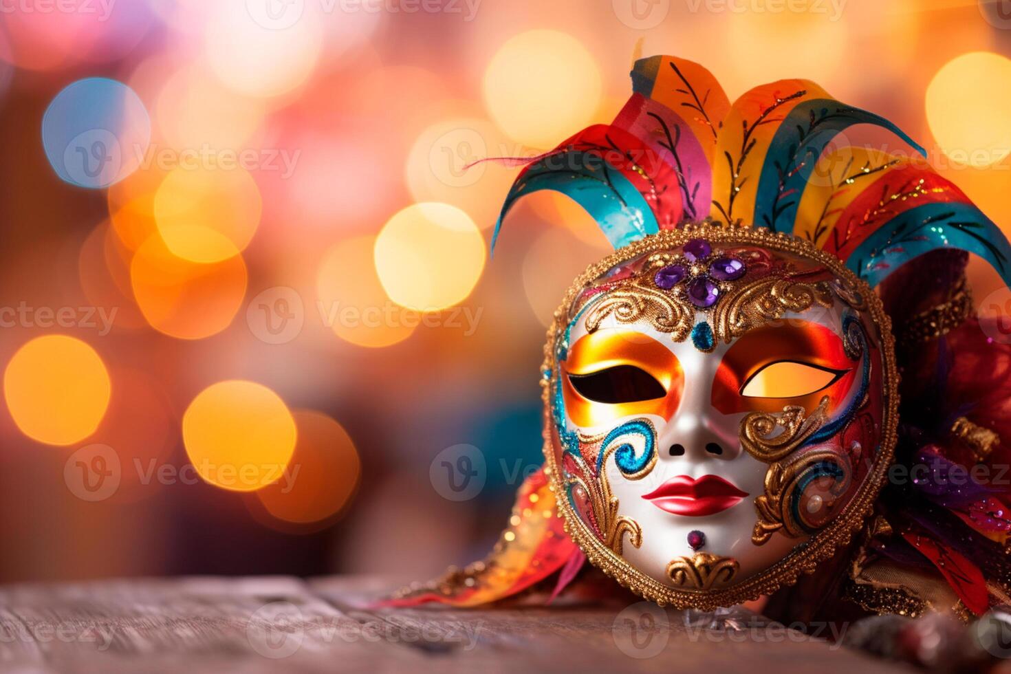 ai généré fermer de une coloré carnaval masque, un essentiel élément pour le faire la fête. carnaval masque Souligné, affichage ses richesse de couleurs sur une surface. photo