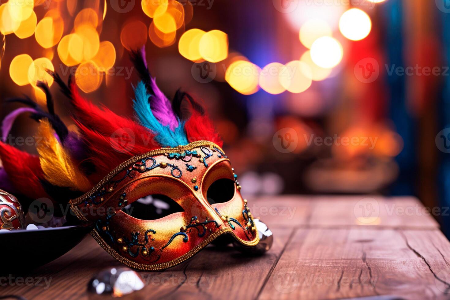 ai généré fermer de une coloré carnaval masque, un essentiel élément pour le faire la fête. carnaval masque Souligné, affichage ses richesse de couleurs sur une surface. photo