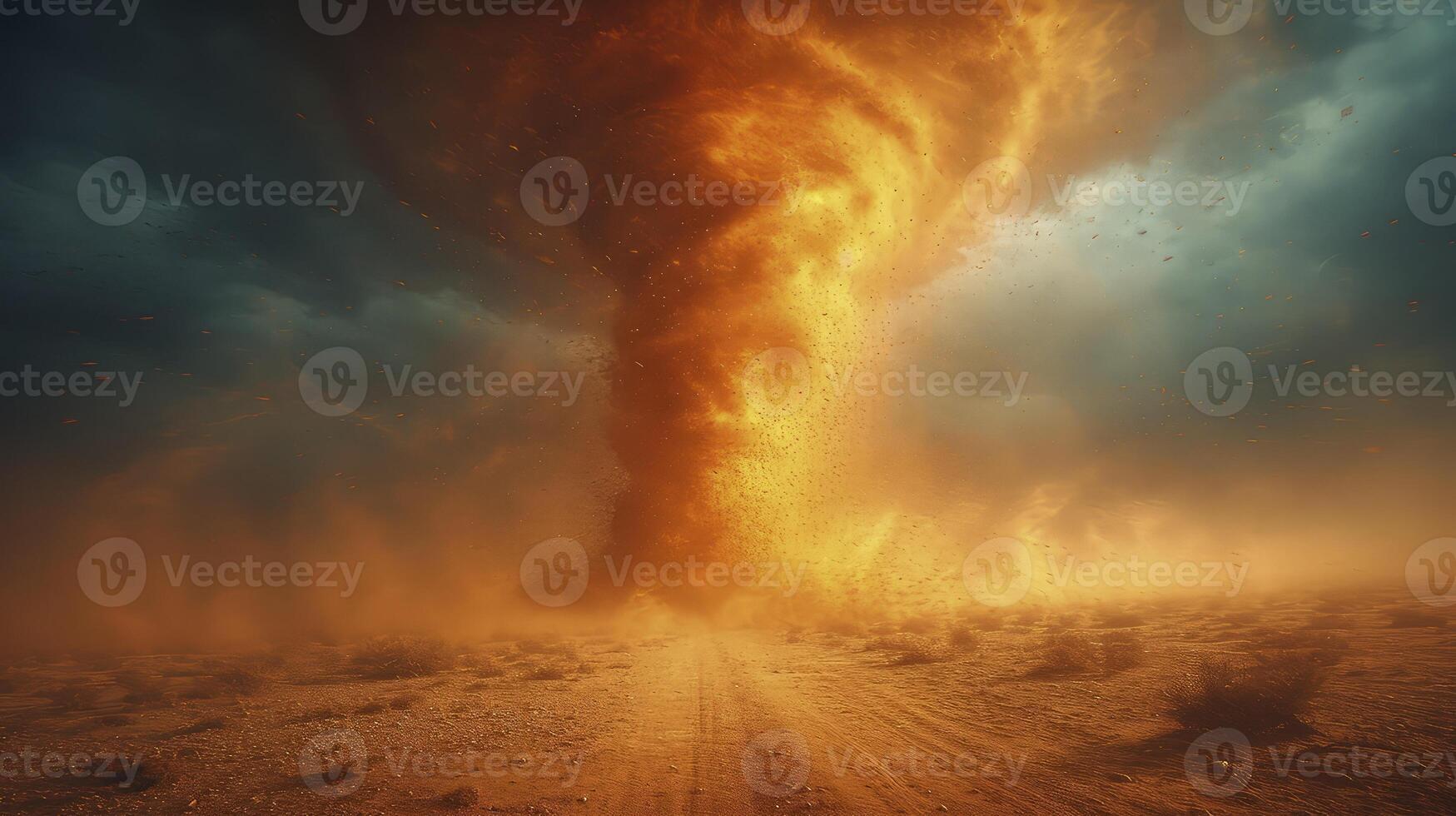 ai généré une le sable tornade dans le milieu de une brillant désert pendant le jour, avec le sable qui passe par le air. photo