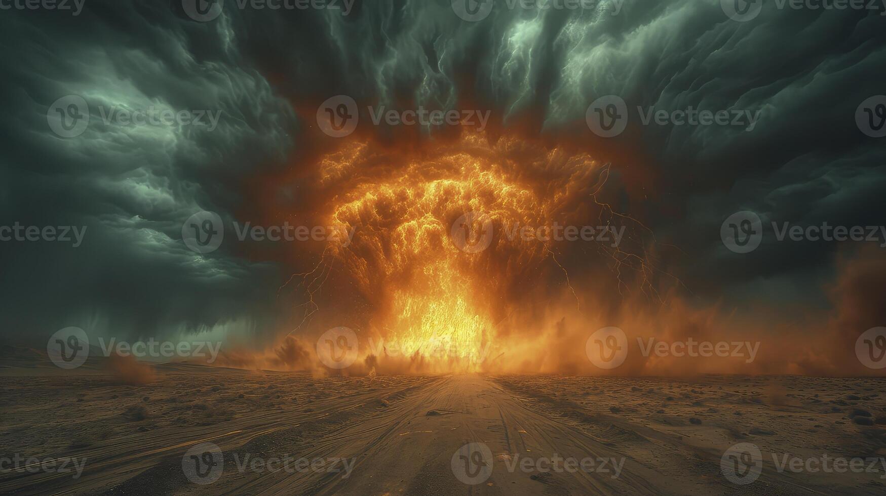 ai généré le ciel a été foncé avec tonnerre grondement, comme une le sable tornade franchi le désert. photo