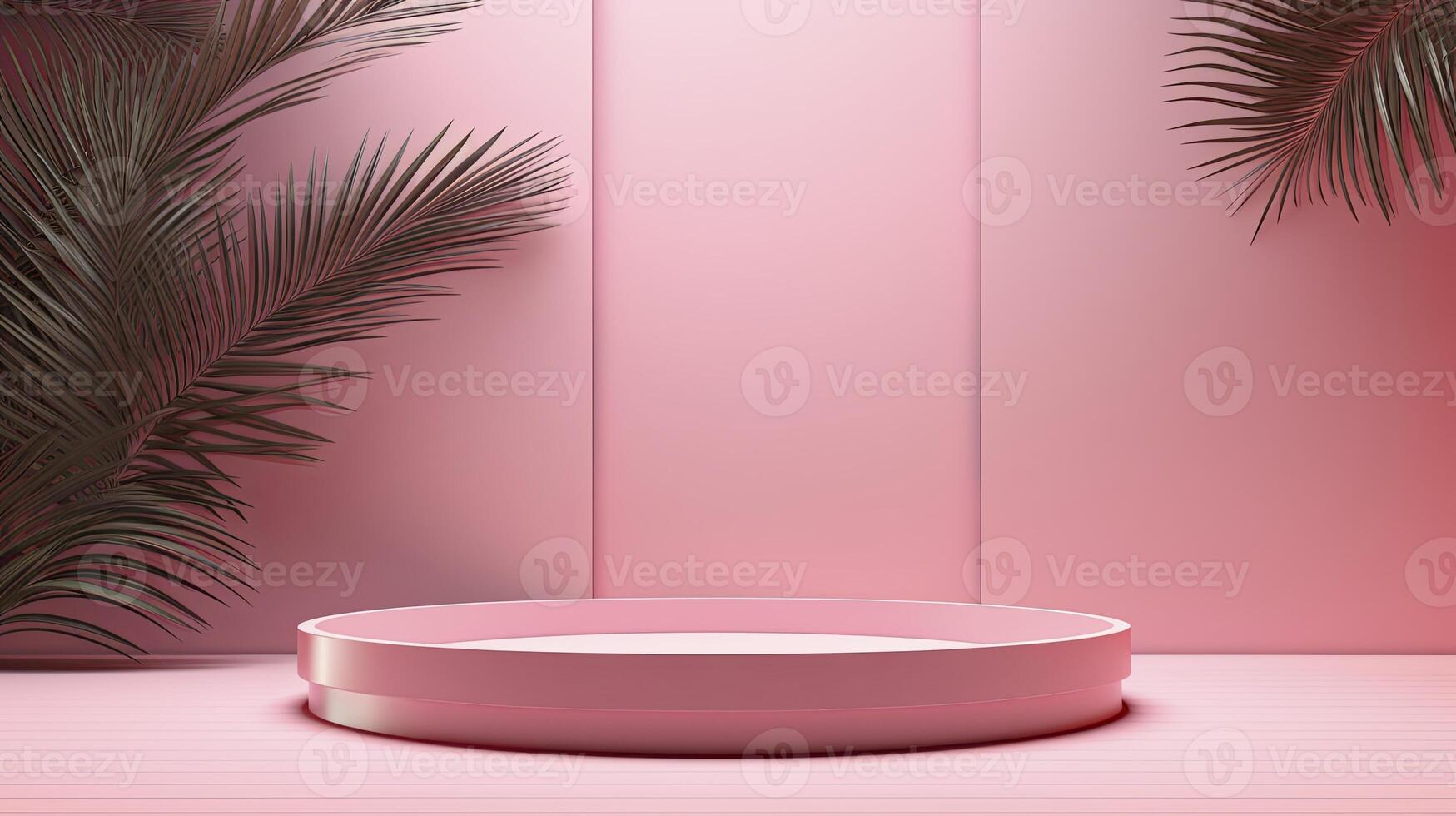 ai généré abstrait sucré rose 3d pièce avec réaliste rose cylindrique piédestal podium ensemble et ombre recouvrir de paume feuilles. minimal scène pour produit afficher présentation. 3d le rendu, photo