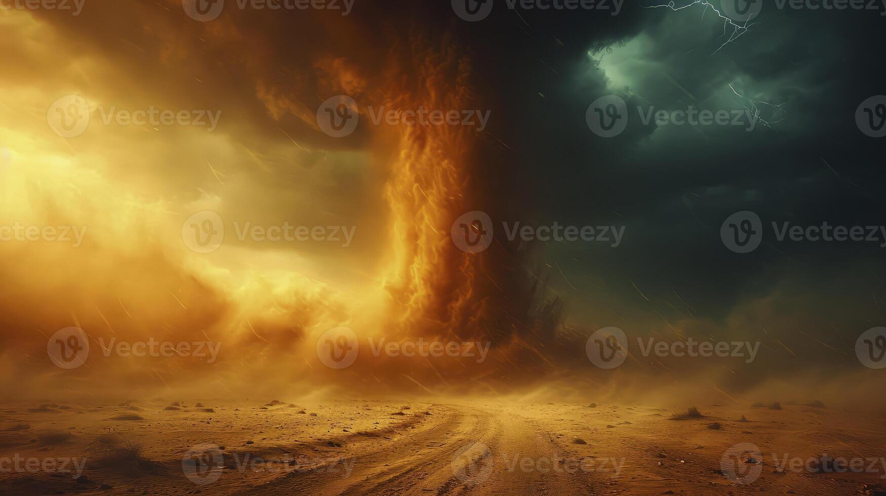 ai généré le ciel a été foncé avec tonnerre grondement, comme une le sable tornade franchi le désert. photo