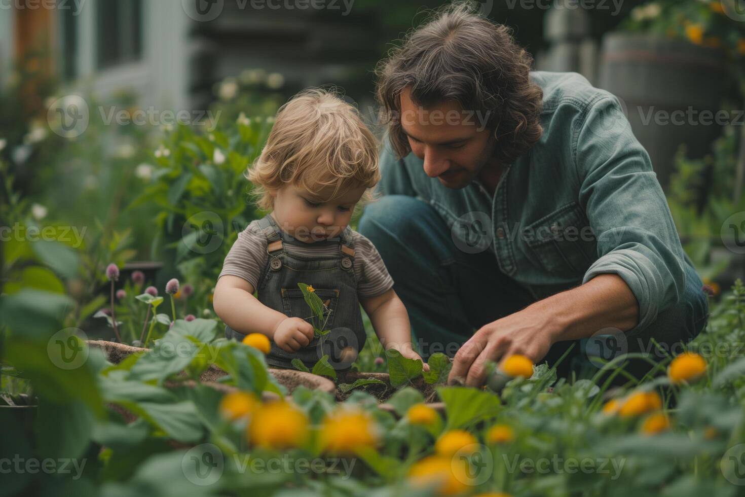 ai généré une enfant et leur père engagé dans le durable entraine toi de jardinage dans leur posséder cour, symbolisant le valeurs de aimer, famille, et environnement intendance. photo