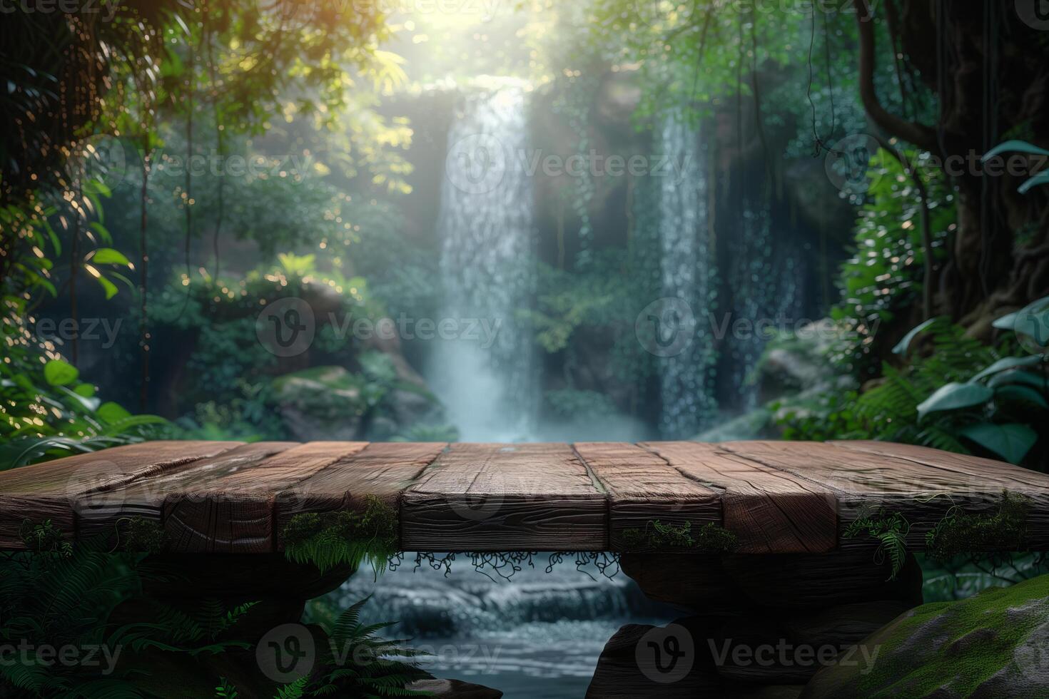 ai généré en bois table Haut sur Extérieur cascade vert tropical forêt la nature Contexte. Naturel l'eau produit présent placement piédestal compteur afficher, printemps été jungle paradis concept. photo