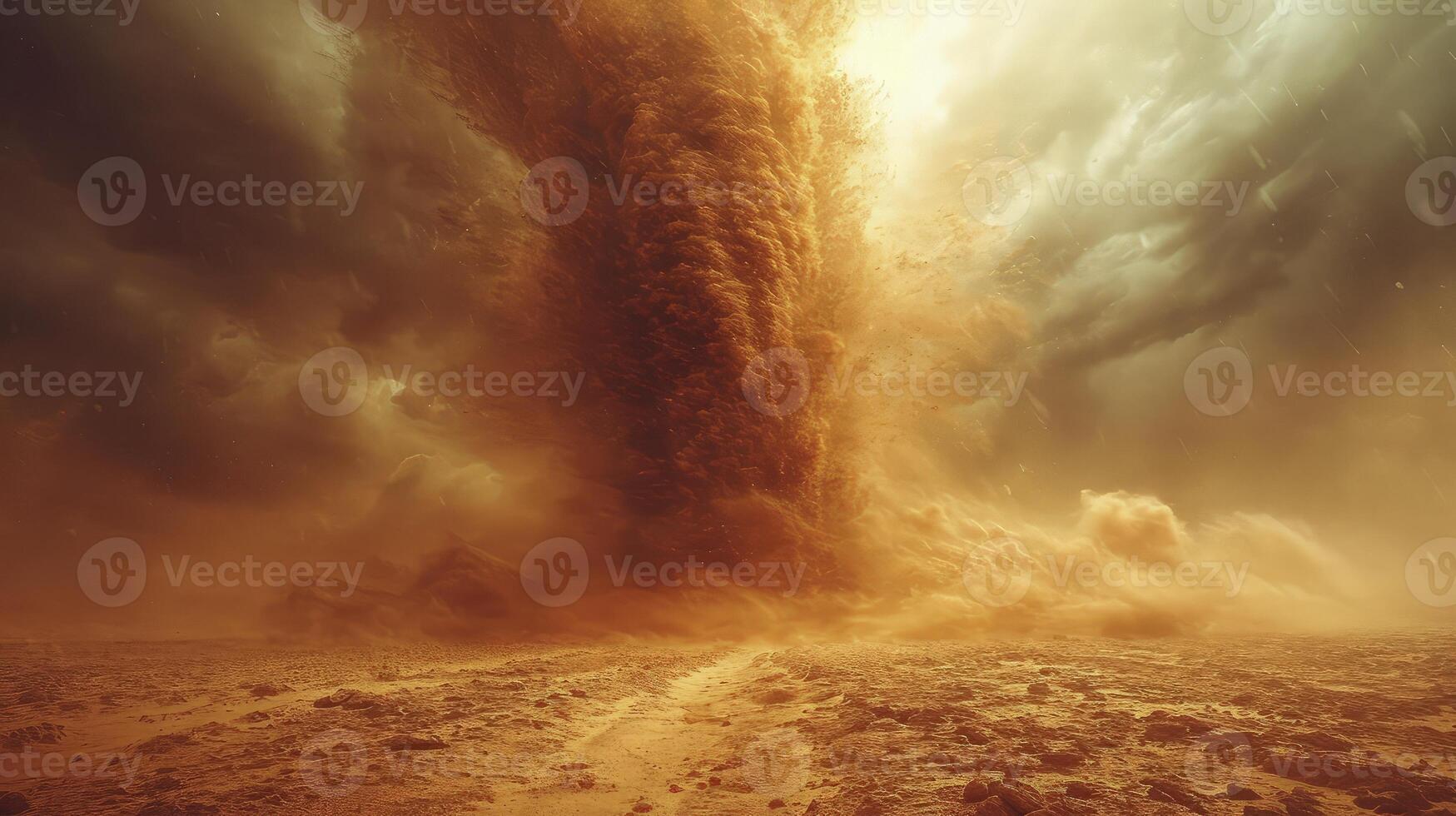 ai généré une le sable tornade dans le milieu de une brillant désert pendant le jour, avec le sable qui passe par le air. photo