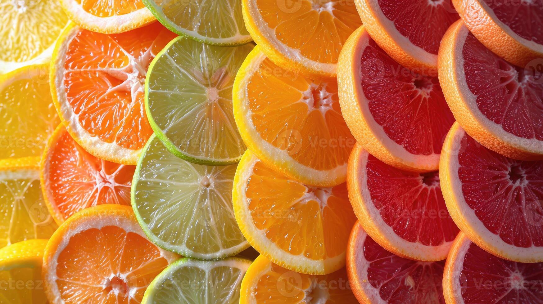 ai généré un élégant Contexte avec tranches de divers agrumes des fruits comme des oranges, citrons, et citrons verts arrangé artistiquement pour une fraîcheur. photo