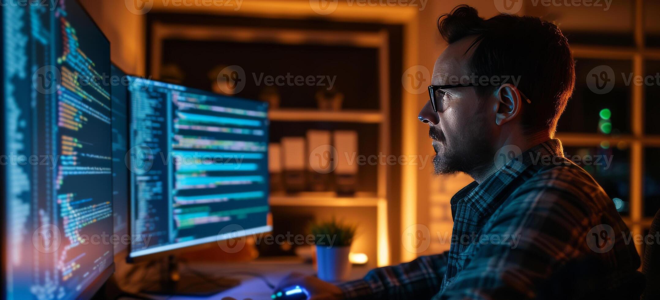 ai généré ordinateur ingénieur travail sur code à nuit. photo