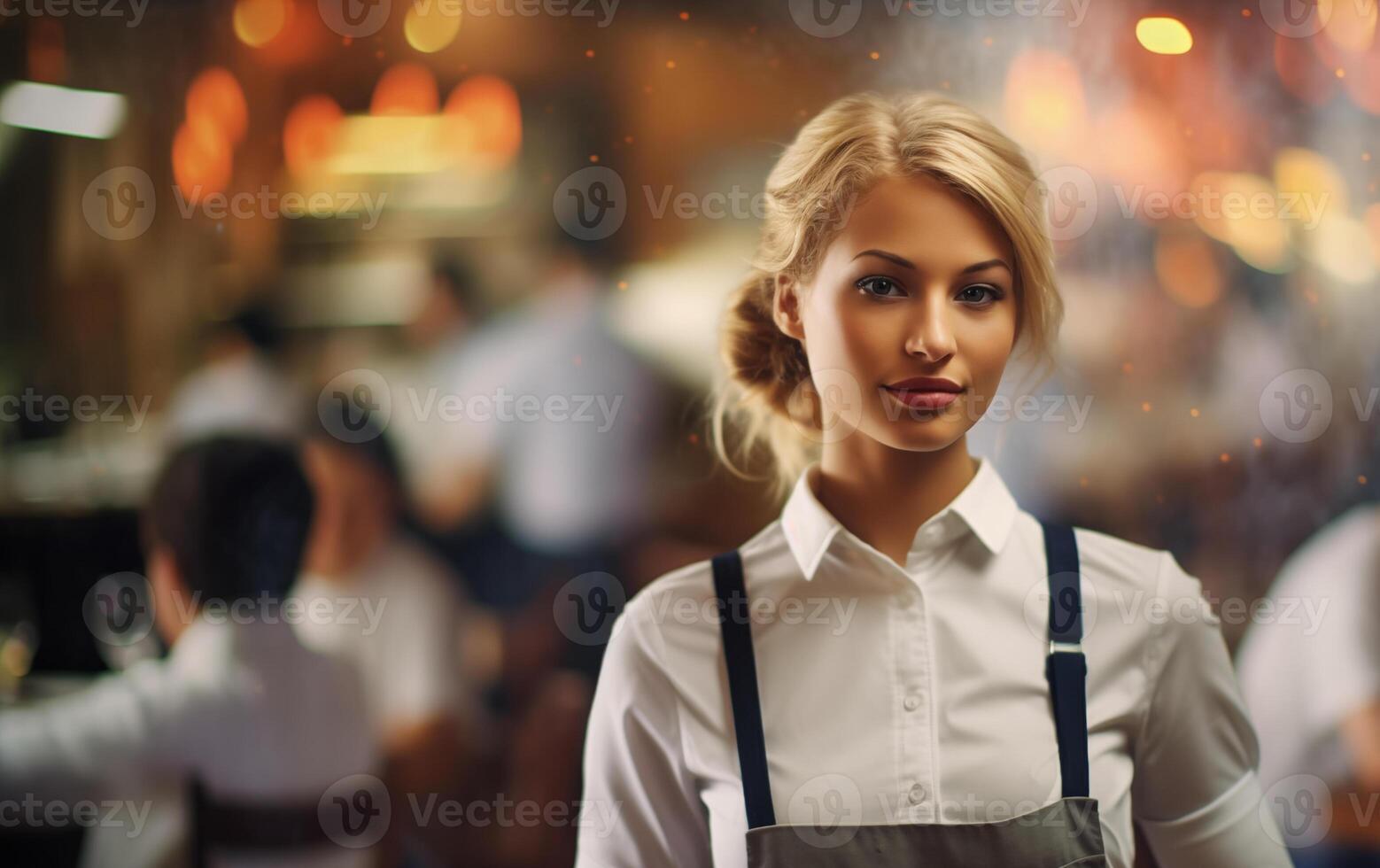 ai généré portrait de une serveur dans une restaurant, bokeh Contexte photo