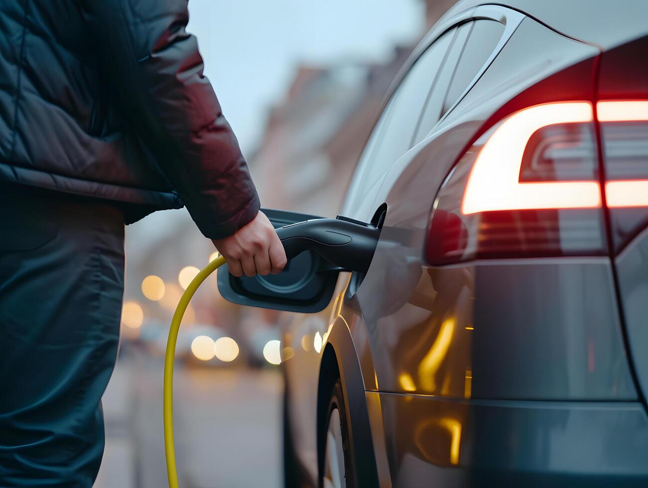 ai généré futuriste électrique véhicule mise en charge gares, Puissance câble et prise de courant la fourniture à moderne des sports voitures. vert énergie et durable énergie la source technologie. photo