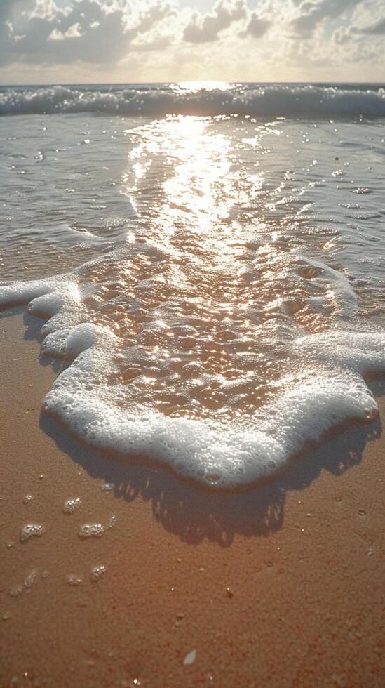 ai généré Capitale des lettres épeler vacances dans le sablonneux embrasse de une plage verticale mobile fond d'écran photo