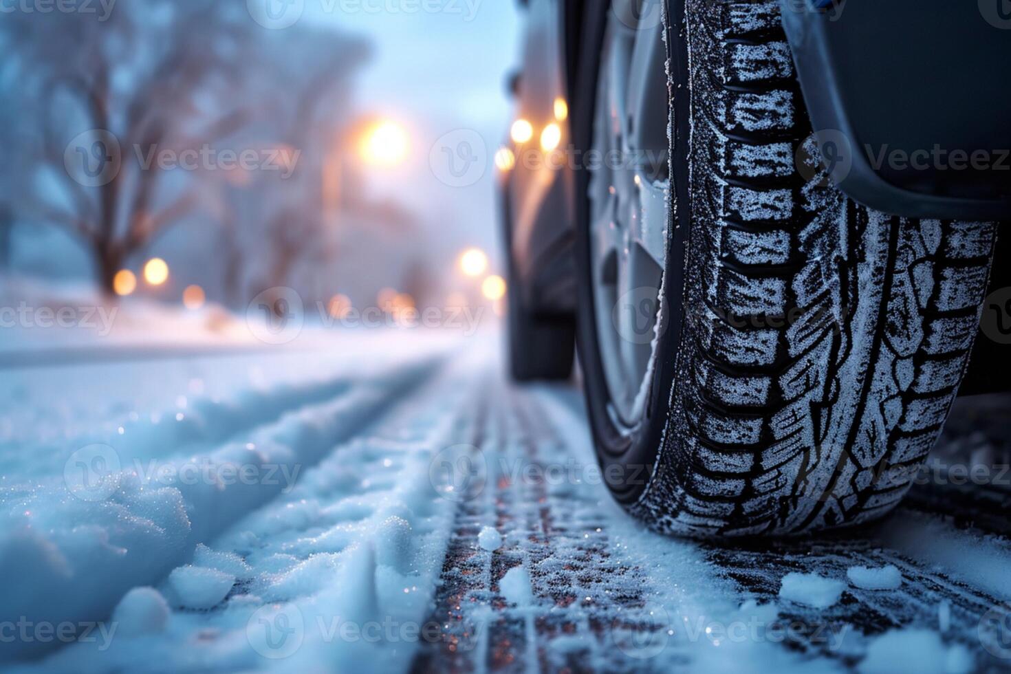 ai généré hiver pneu poignée proche en haut de voiture pneus sur une neigeux route photo