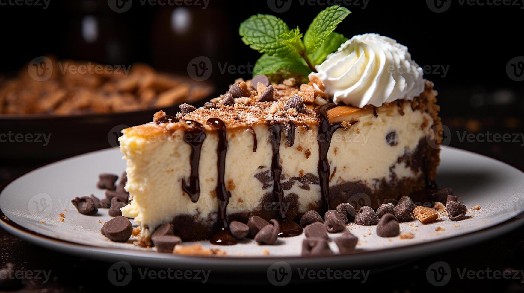 ai généré une tranche de Chocolat puce cheesecake sur blanc plaque, fermer coup photo